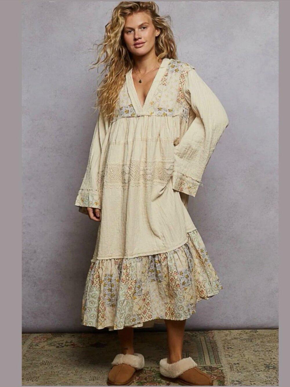 Pol Boho Midi Dress Double Gauze Patchwork Oversize Loose Fit Ivory Size S M L - Picture 6 of 11